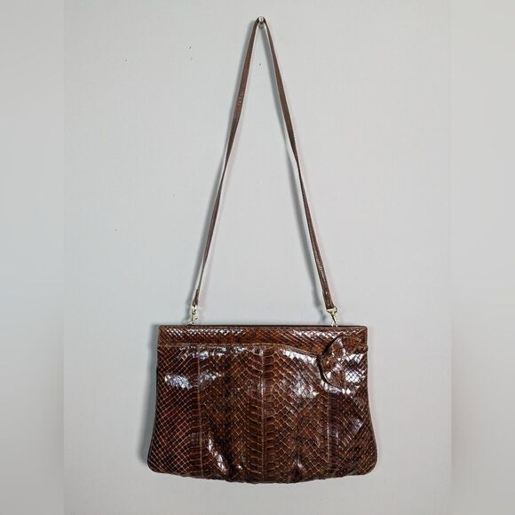 Vintage Leather Purse, Embossed Faux Snake Skin shoulder bag brown 1970s - Picture 2 of 10